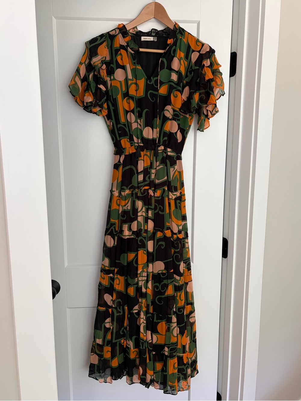 Tiered, Flutter-Sleeve Maxi Dress in Black, Green & Orange